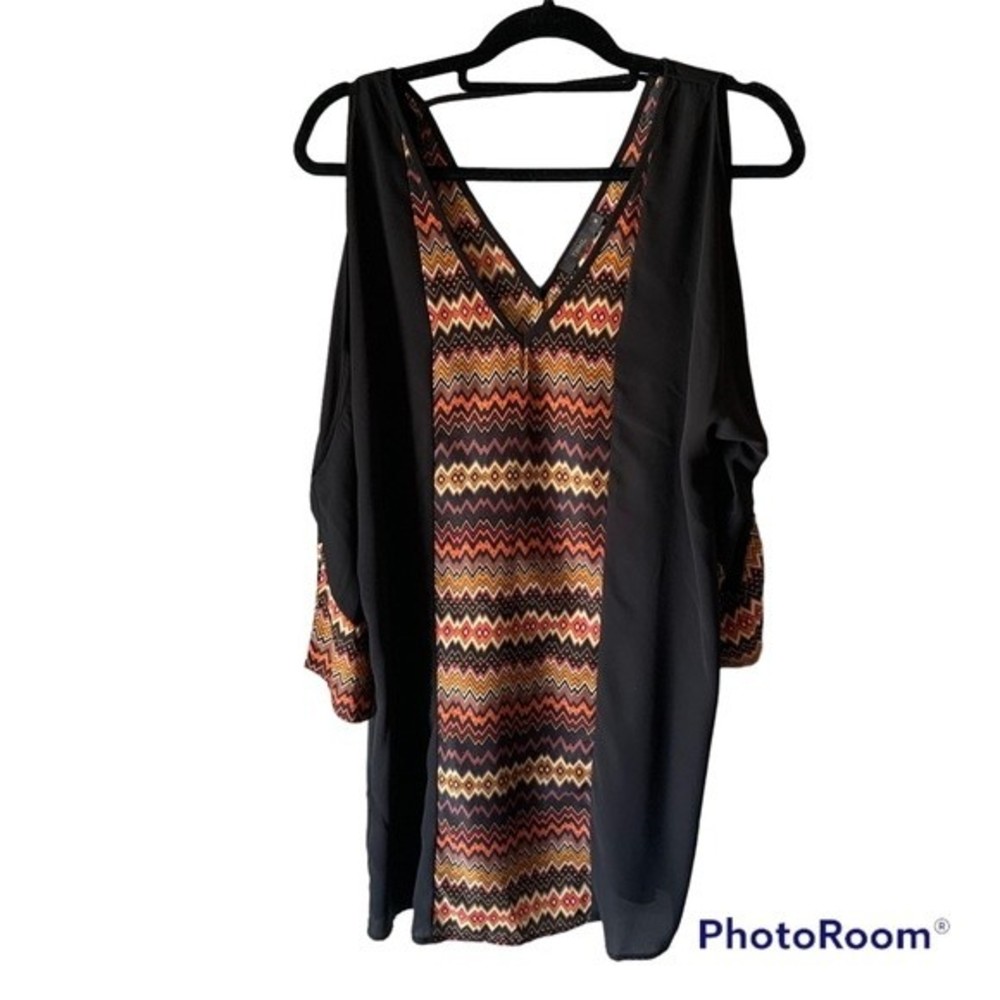 THML Black Tribal Zig-Zag Cold Shoulder Tunic Top/Mini Dress Lightweight in Sz M